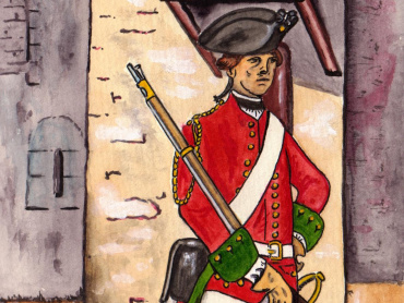 Dragoun pluku Hessen-Darmstadt, zařazeného roku 1758 pod velením Franze hraběte Walderode do olomoucké posádky. Kresba Haralda Skaly. 